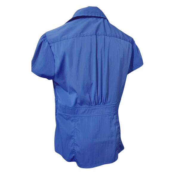 DRESSBARN Retro Gathered Blouse Top Medium Yoke Royal Blue Feminine V-Neck - Picture 2 of 7